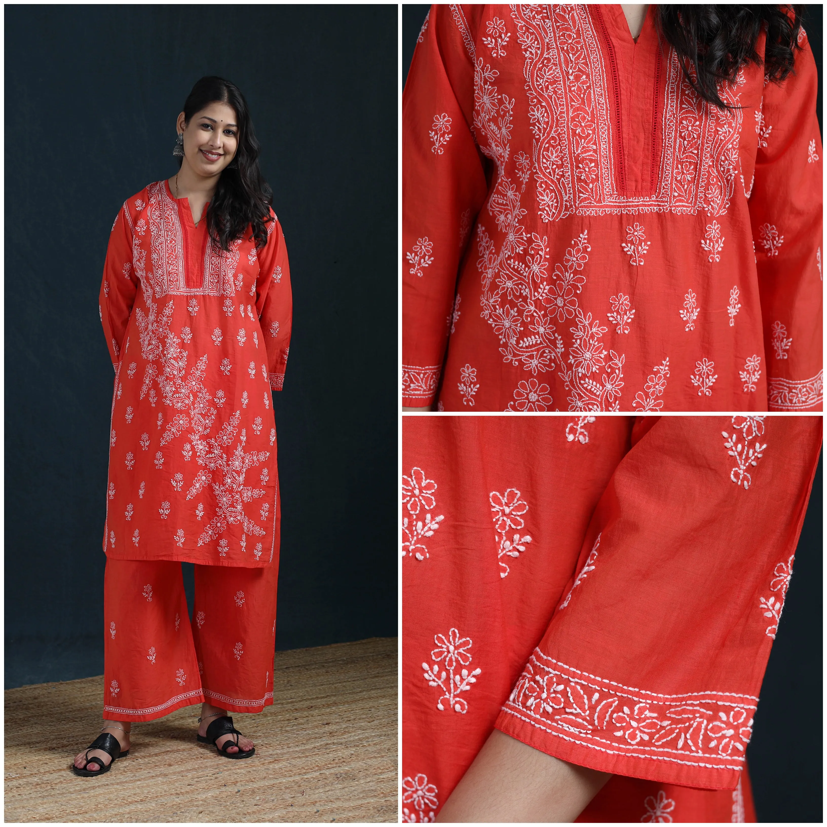 Red - Hand Embroidered Mul Chanderi Chikankari Kurta with Palazzo Set for Women 20 sold by Itokri product image thumbnail 4