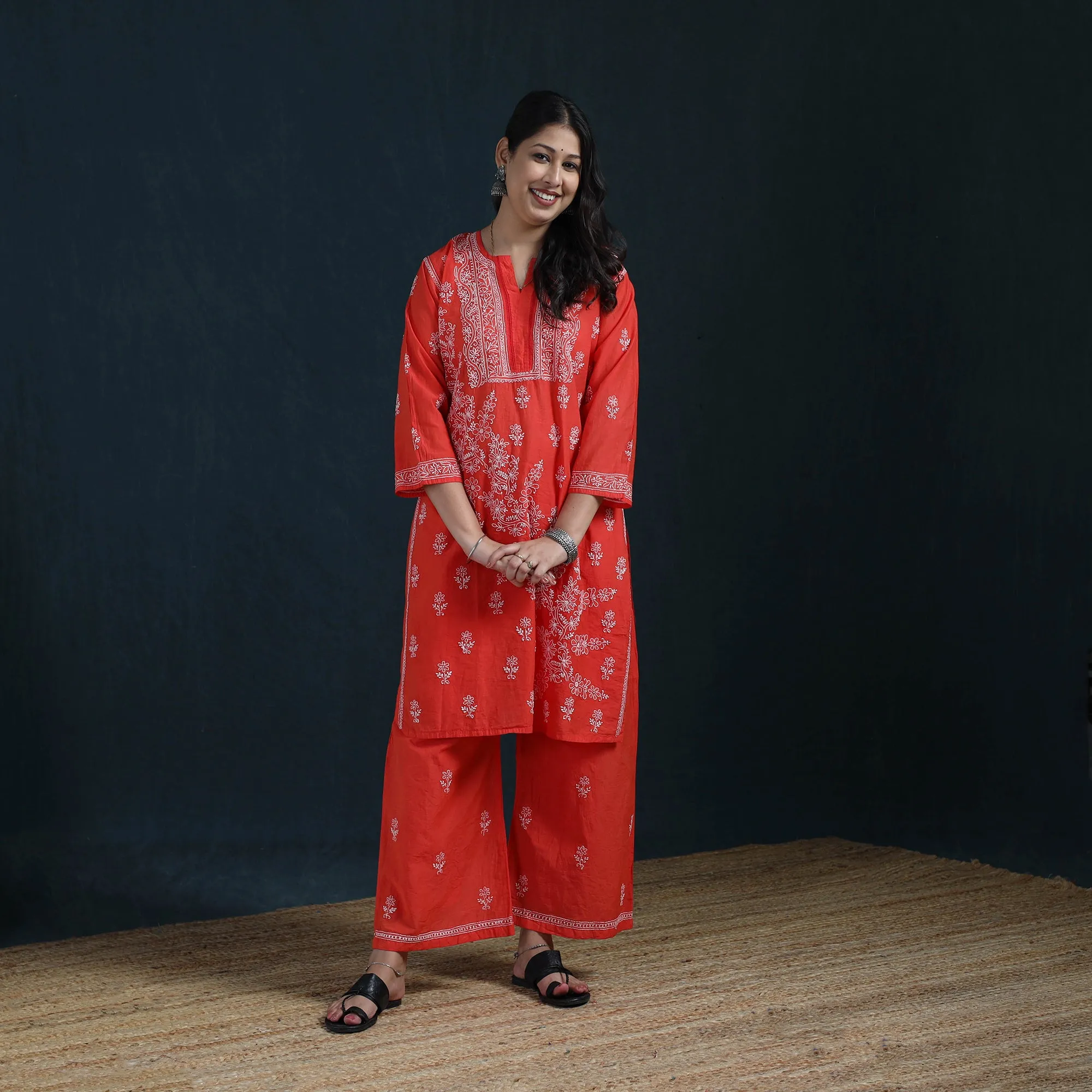 Red - Hand Embroidered Mul Chanderi Chikankari Kurta with Palazzo Set for Women 20 sold by Itokri product image thumbnail 2
