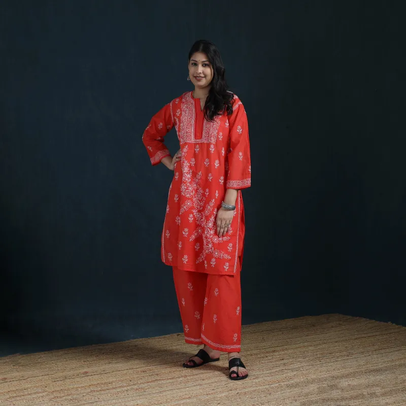 Red - Hand Embroidered Mul Chanderi Chikankari Kurta with Palazzo Set for Women 20 made by Itokri