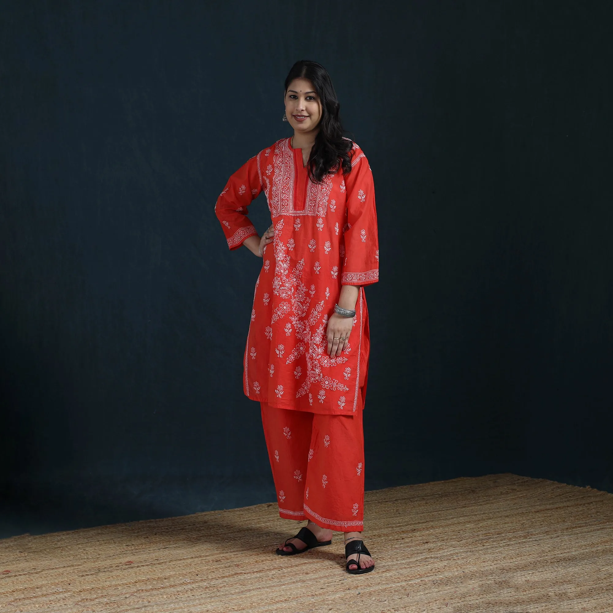 Red - Hand Embroidered Mul Chanderi Chikankari Kurta with Palazzo Set for Women 20 sold by Itokri