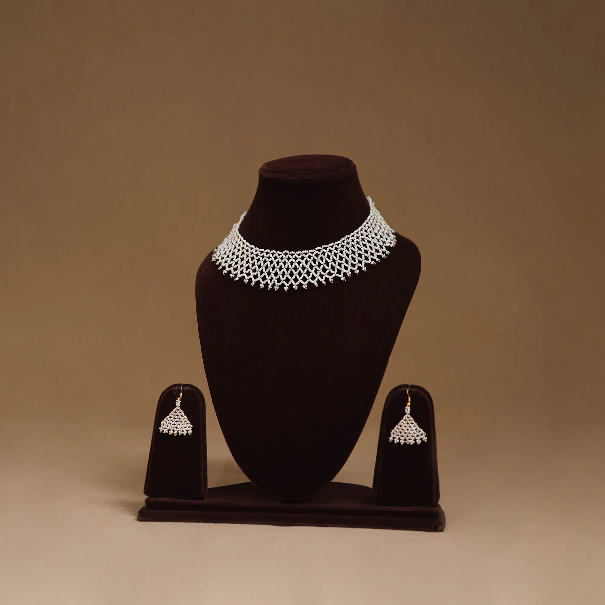 White - Handmade Beadwork Jaali Necklace Set 83 sold by Itokri