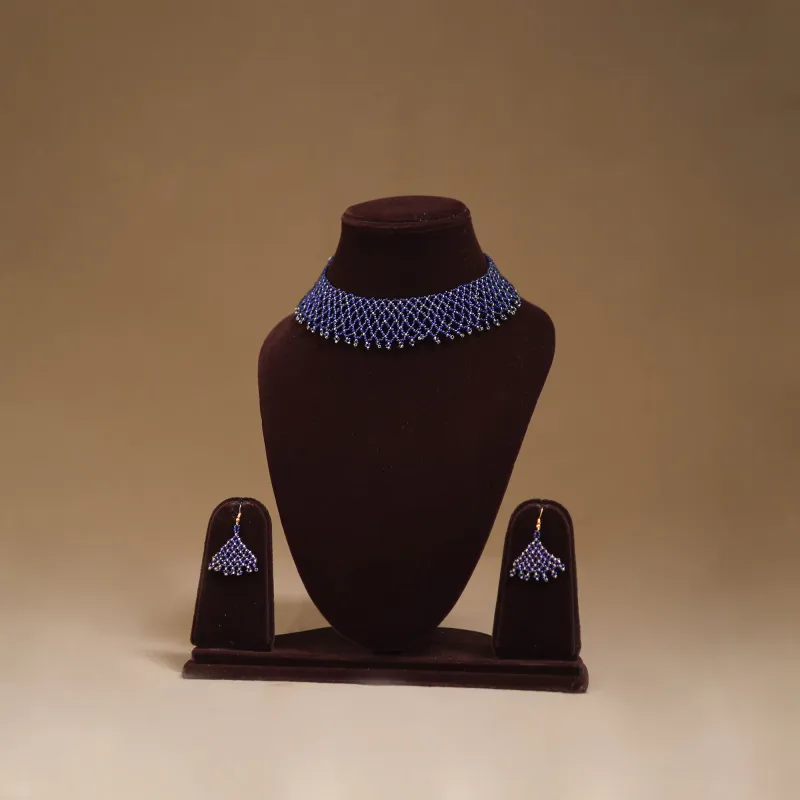 Blue - Handmade Beadwork Jaali Necklace Set 77 made by Itokri