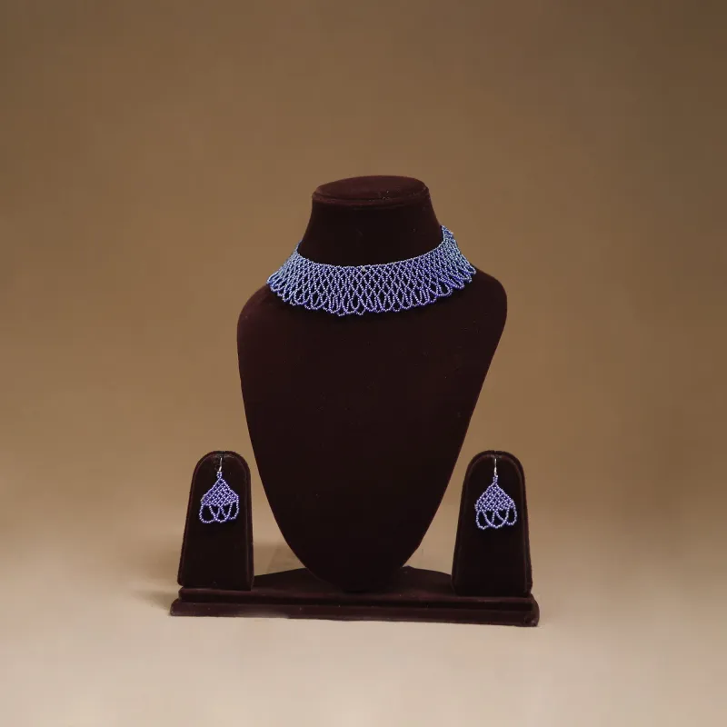 Blue - Handmade Beadwork Jaali Necklace Set 76 made by Itokri
