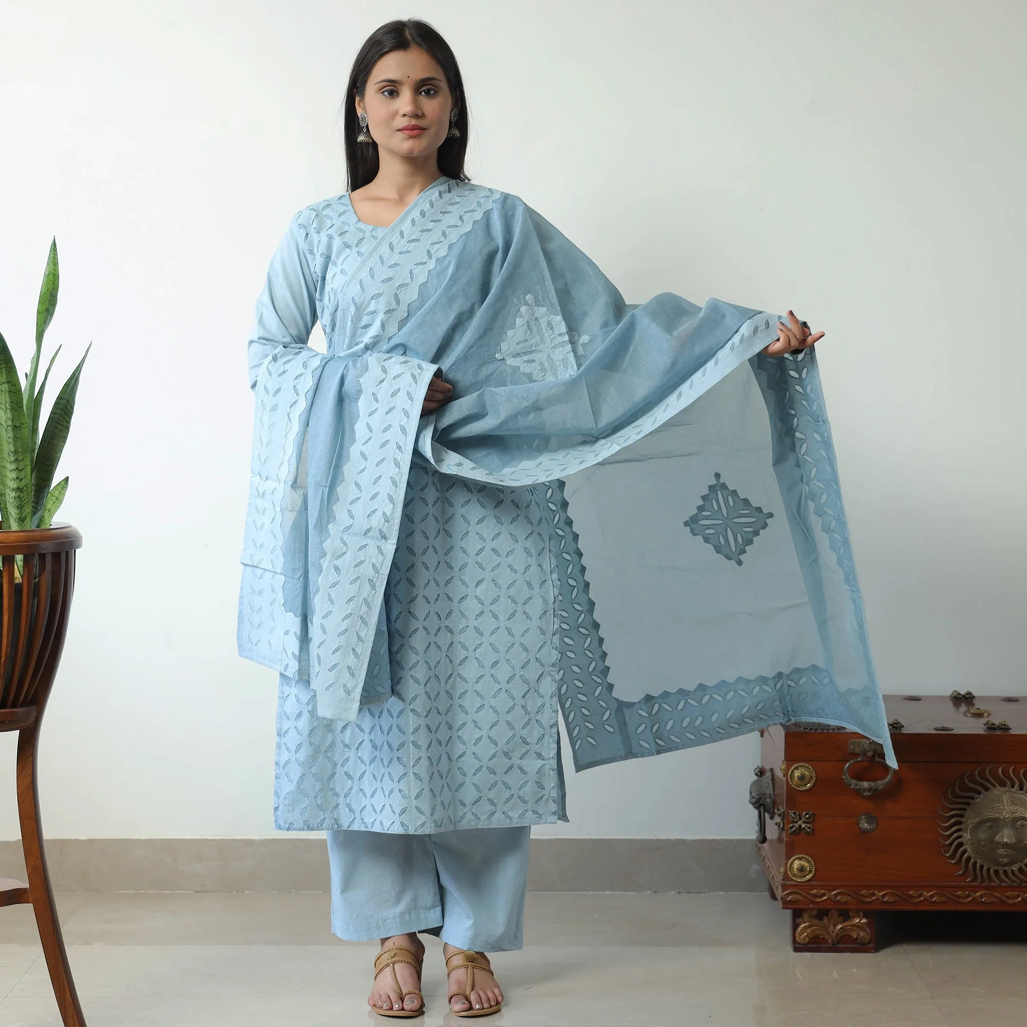 Blue - Applique Cut Work Cotton Kurta with Palazzo & Dupatta Set 08 sold by Itokri product image thumbnail 2