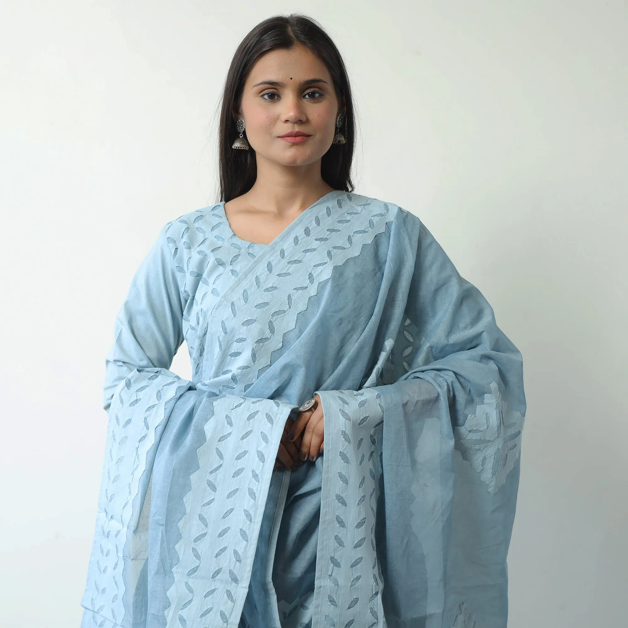 Blue - Applique Cut Work Cotton Kurta with Palazzo & Dupatta Set 08 sold by Itokri product image thumbnail 4