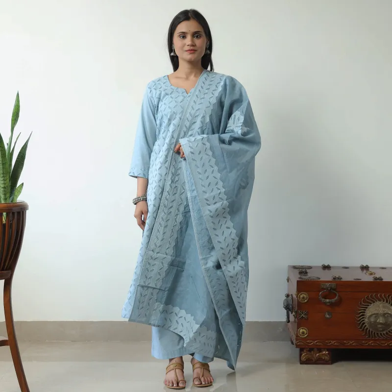 Blue - Applique Cut Work Cotton Kurta with Palazzo & Dupatta Set 08 made by Itokri