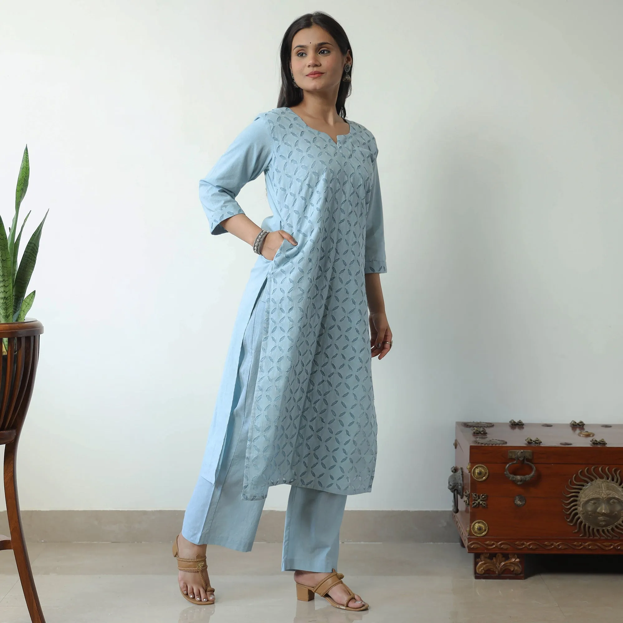 Blue - Applique Cut Work Cotton Kurta with Palazzo & Dupatta Set 08 sold by Itokri product image thumbnail 3