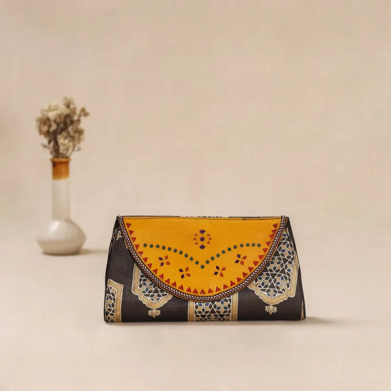 Black - Traditional Kutch Mashru Silk Leather Flap Clutch / Wallet 39 made by Itokri