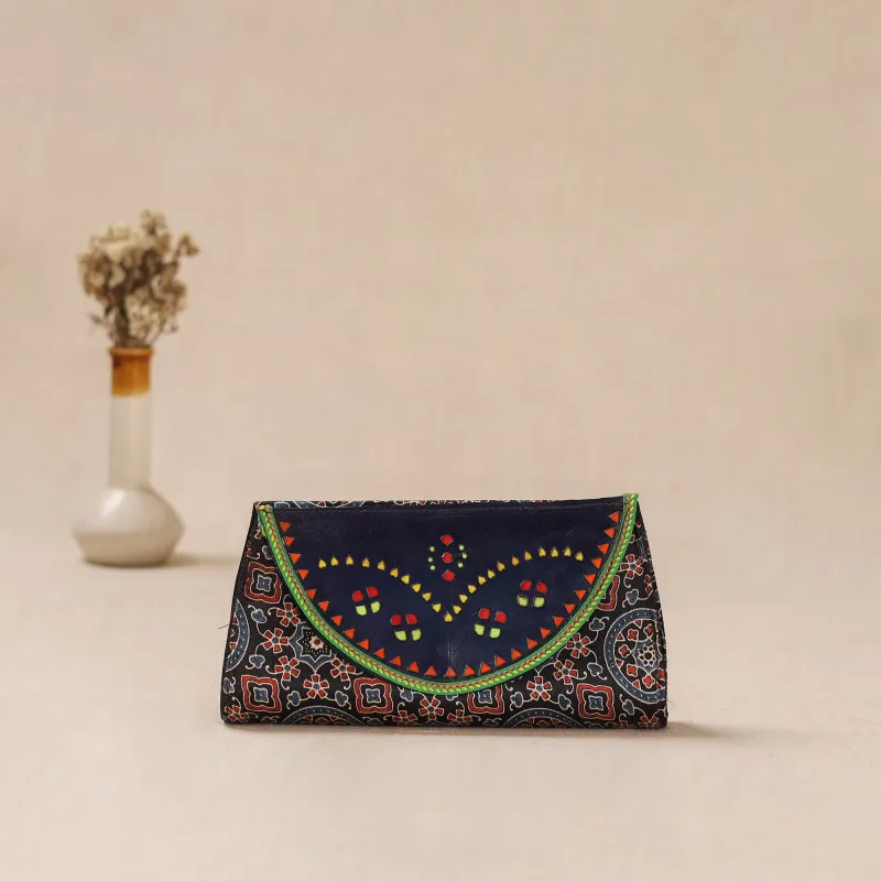 Black - Traditional Kutch Mashru Silk Leather Flap Clutch / Wallet 35 made by Itokri