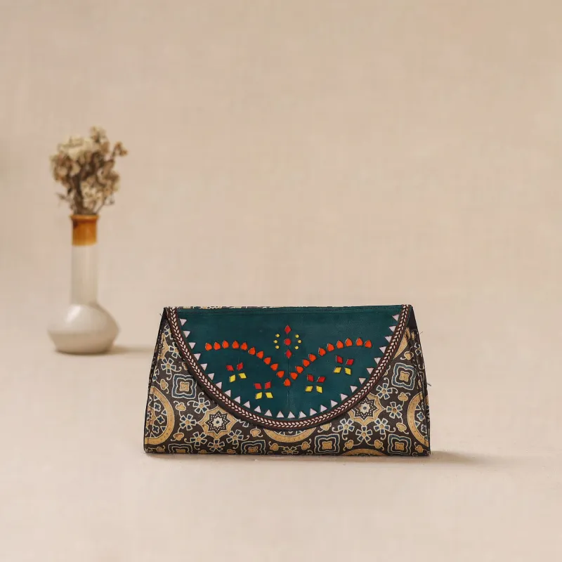 Brown - Traditional Kutch Mashru Silk Leather Flap Clutch / Wallet 30 made by Itokri