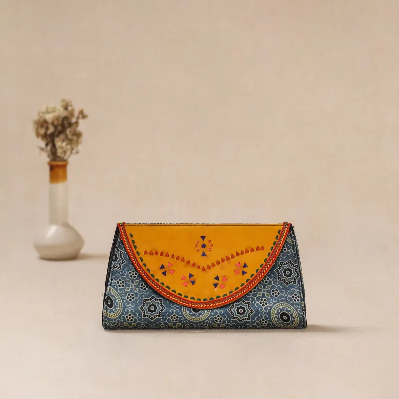 Blue - Traditional Kutch Mashru Silk Leather Flap Clutch / Wallet 27 made by Itokri