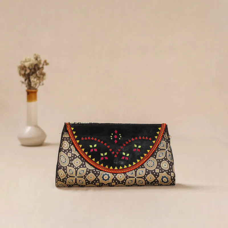 Brown - Traditional Kutch Mashru Silk Leather Flap Clutch / Wallet 25 made by Itokri