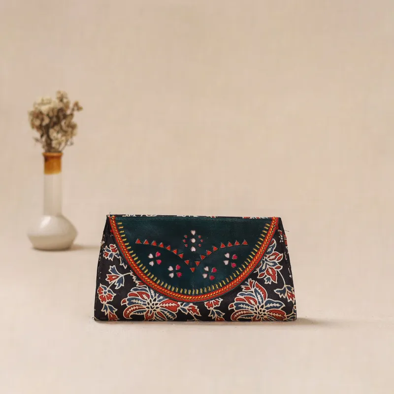 Black - Traditional Kutch Mashru Silk Leather Flap Clutch / Wallet 24 made by Itokri