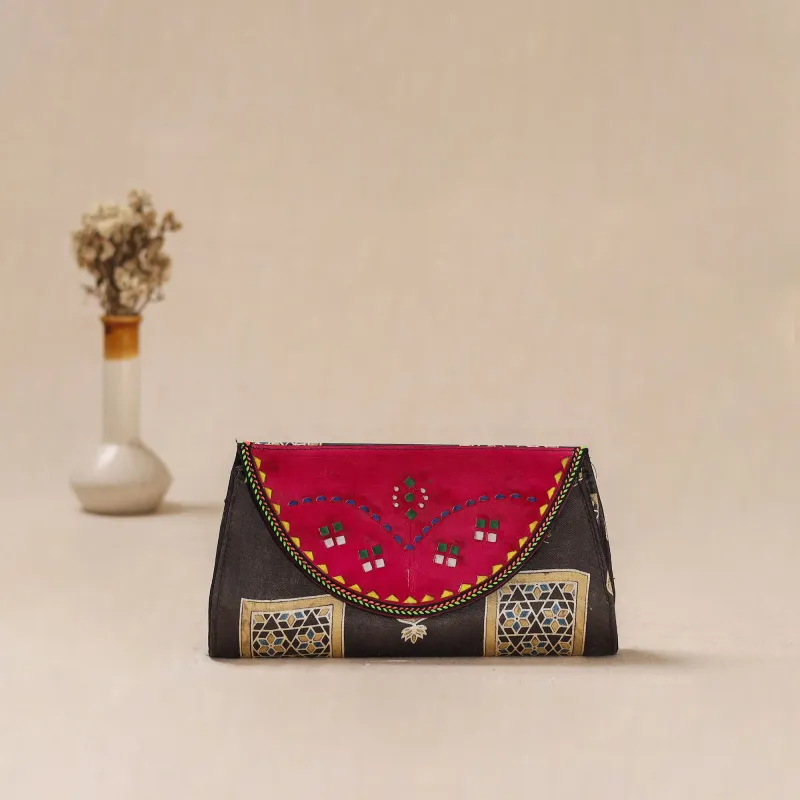 Brown - Traditional Kutch Mashru Silk Leather Flap Clutch / Wallet 23 made by Itokri