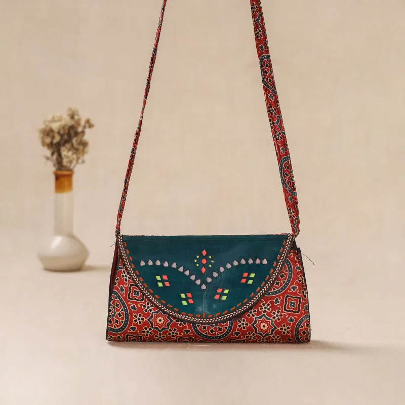 Red - Traditional Kutch Mashru Silk Leather Flap Sling Bag 26 made by Itokri