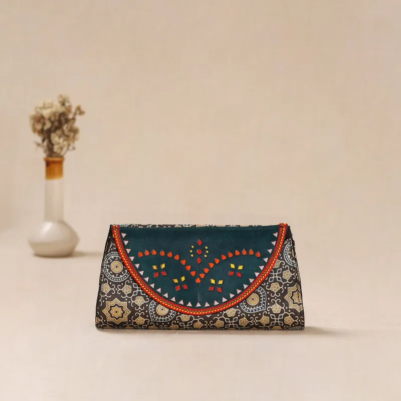 Brown - Traditional Kutch Mashru Silk Leather Flap Clutch / Wallet 21 made by Itokri