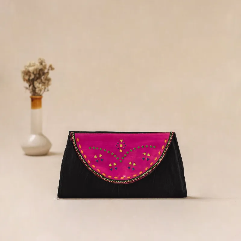 Black - Traditional Kutch Mashru Silk Leather Flap Clutch / Wallet 19 made by Itokri
