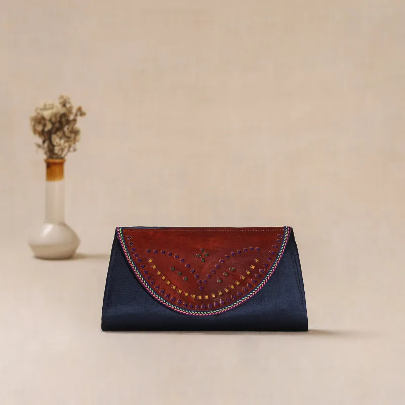 Blue - Traditional Kutch Mashru Silk Leather Flap Clutch / Wallet 01 made by Itokri