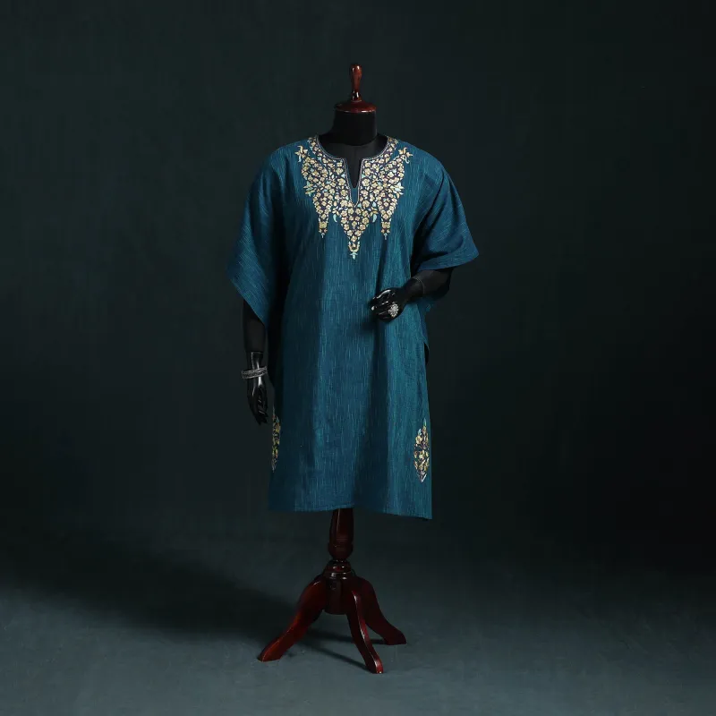 Blue - Kashmiri Kashida Hand Embroidered Cotton Kaftan (Medium) 56 made by Itokri