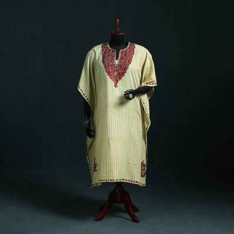 Yellow - Kashmiri Kashida Hand Embroidered Cotton Kaftan (Medium) 01 made by Itokri