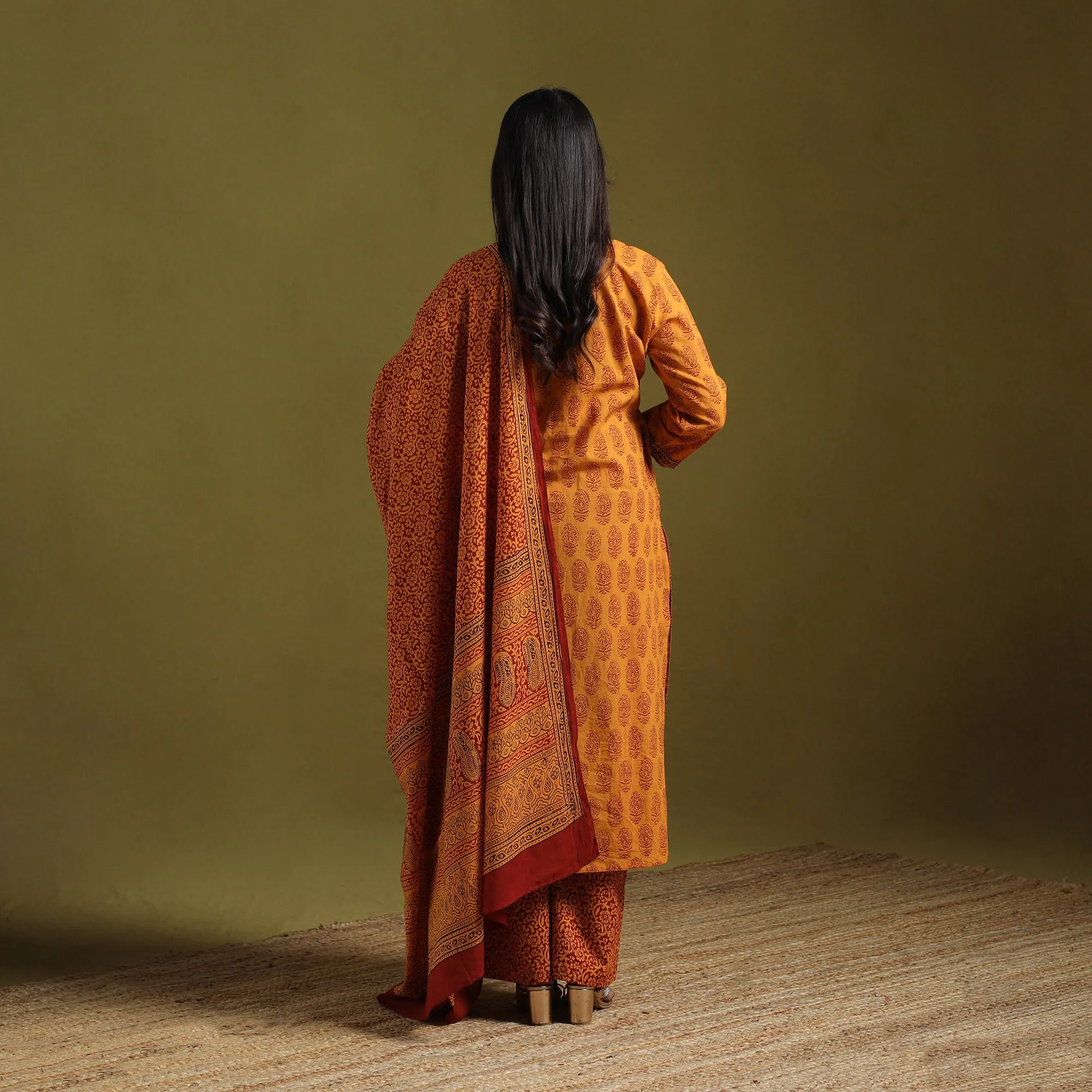 Orange - Natural Dyed Hand Block Bagh Print Cotton Suit Set with Dupatta for Women 16 sold by Itokri product image thumbnail 4