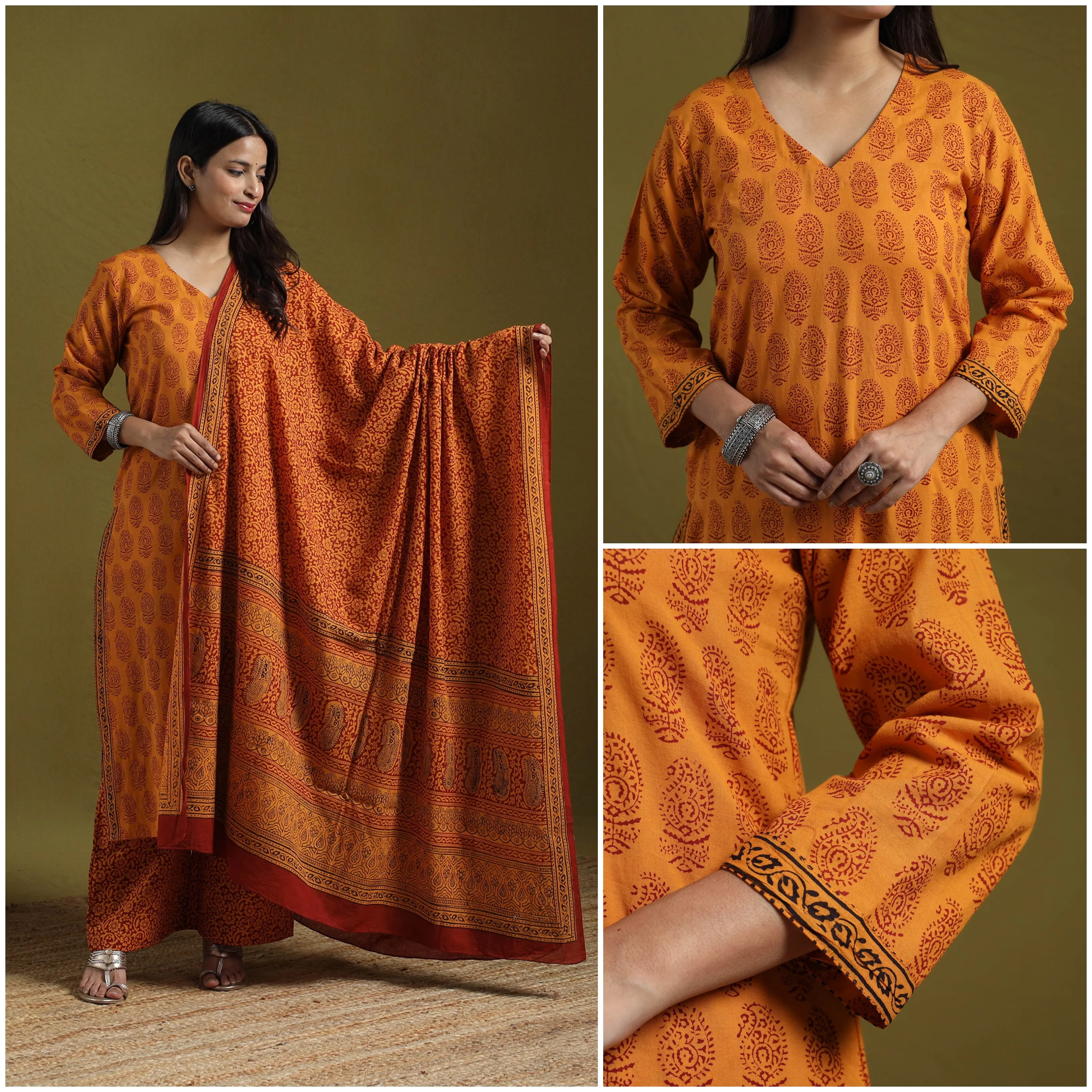 Orange - Natural Dyed Hand Block Bagh Print Cotton Suit Set with Dupatta for Women 16 sold by Itokri product image thumbnail 3