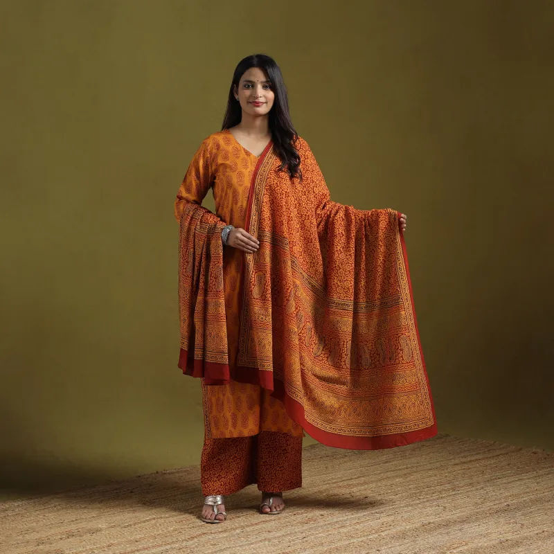 Orange - Natural Dyed Hand Block Bagh Print Cotton Suit Set with Dupatta for Women 16 made by Itokri
