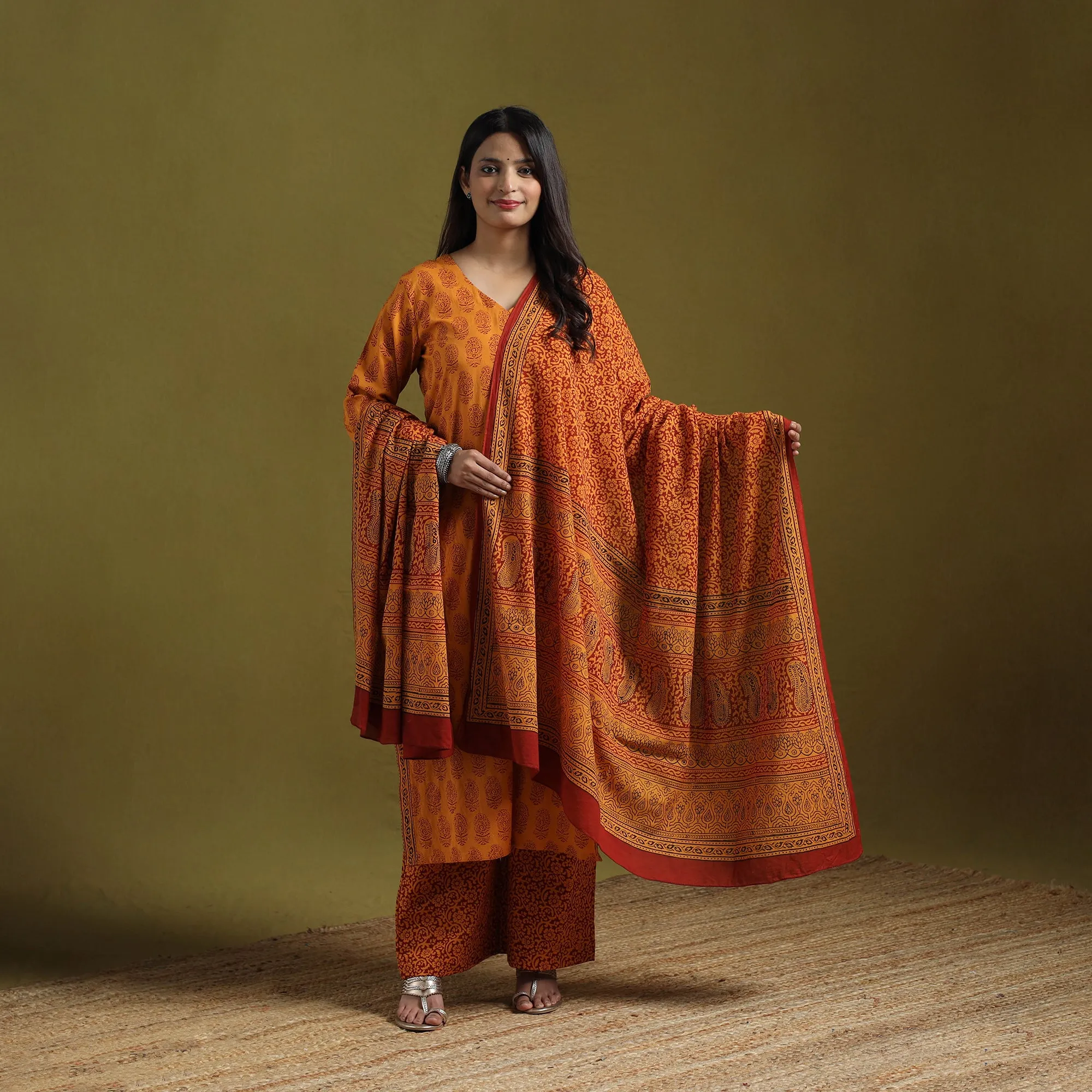 Orange - Natural Dyed Hand Block Bagh Print Cotton Suit Set with Dupatta for Women 16 sold by Itokri