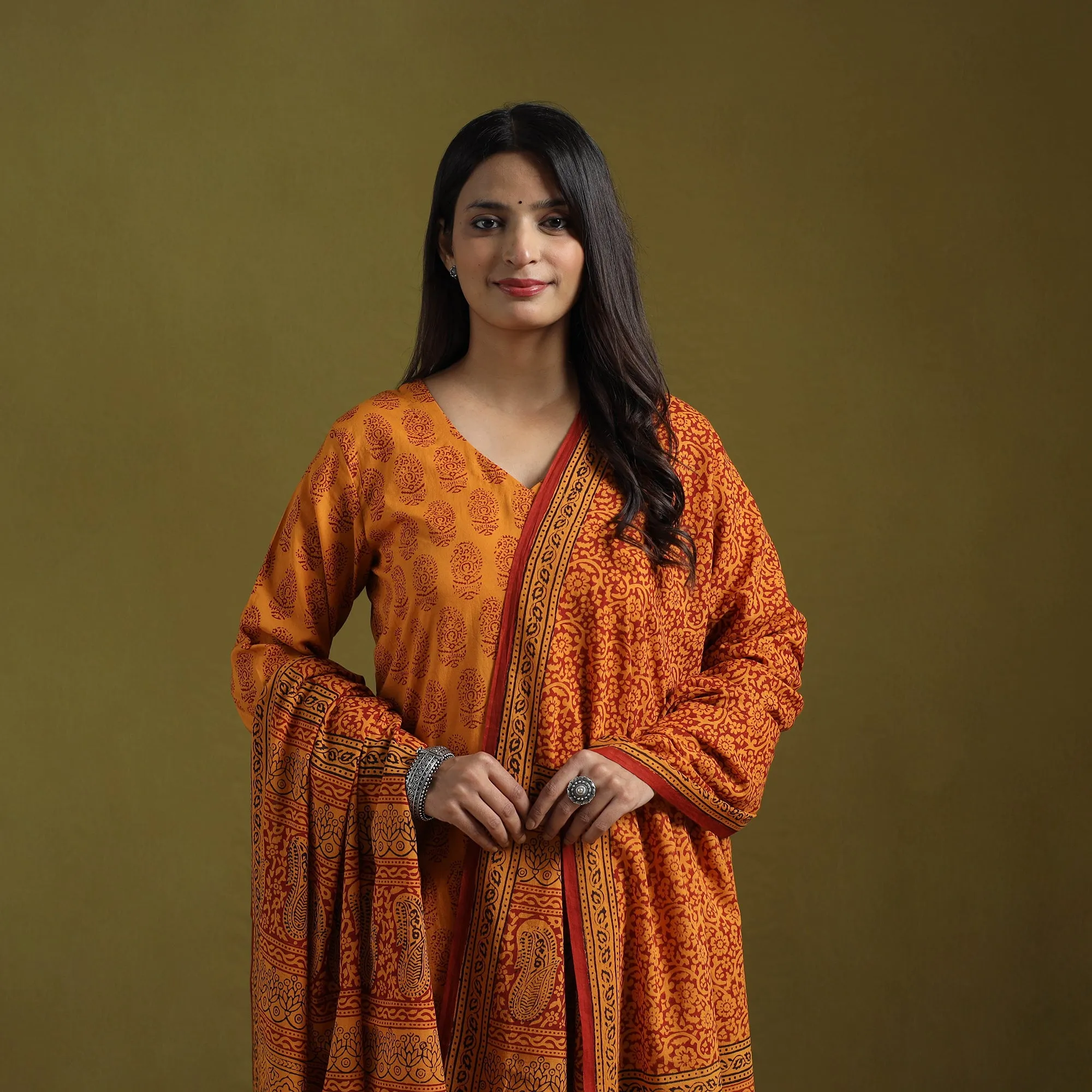 Orange - Natural Dyed Hand Block Bagh Print Cotton Suit Set with Dupatta for Women 16 sold by Itokri product image thumbnail 2