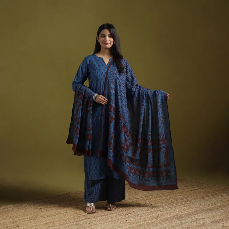 Blue - Natural Dyed Hand Block Bagh Print Cotton Suit Set with Dupatta for Women 14 made by Itokri