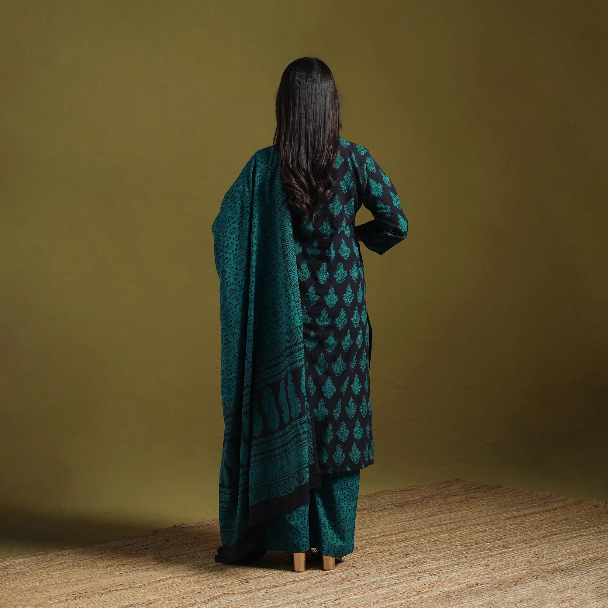 Green - Natural Dyed Hand Block Bagh Print Cotton Suit Set with Dupatta for Women 06 sold by Itokri product image thumbnail 4