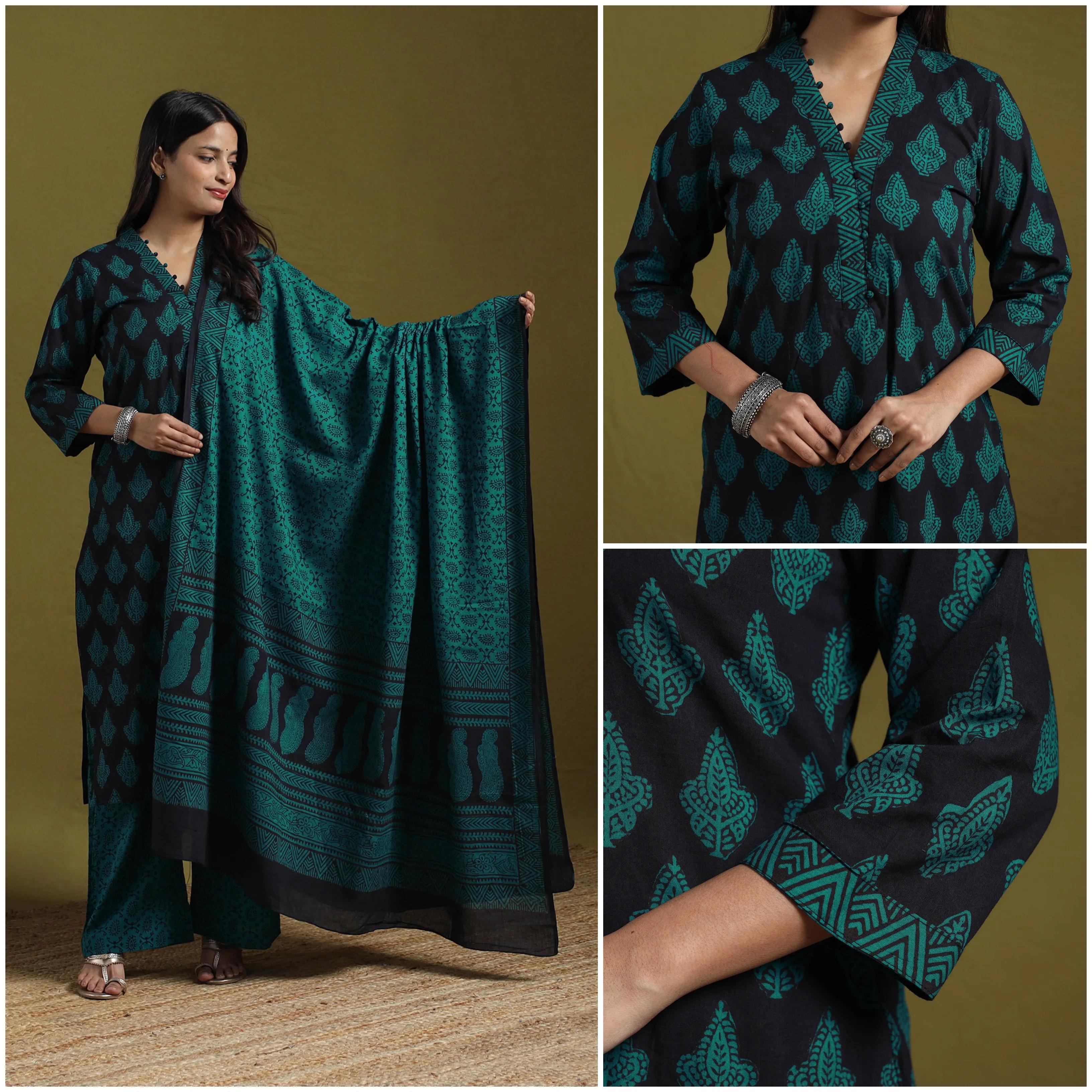 Green - Natural Dyed Hand Block Bagh Print Cotton Suit Set with Dupatta for Women 06 sold by Itokri product image thumbnail 3