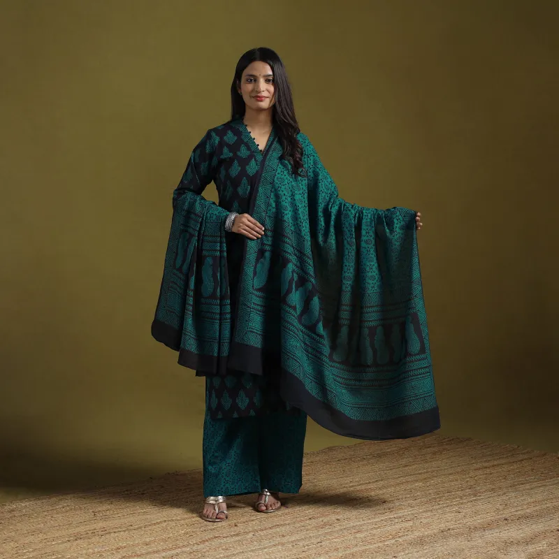 Green - Natural Dyed Hand Block Bagh Print Cotton Suit Set with Dupatta for Women 06 made by Itokri