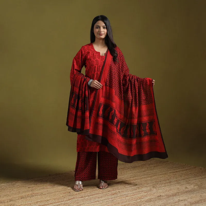 Red - Natural Dyed Hand Block Bagh Print Cotton Suit Set with Dupatta for Women 05 made by Itokri
