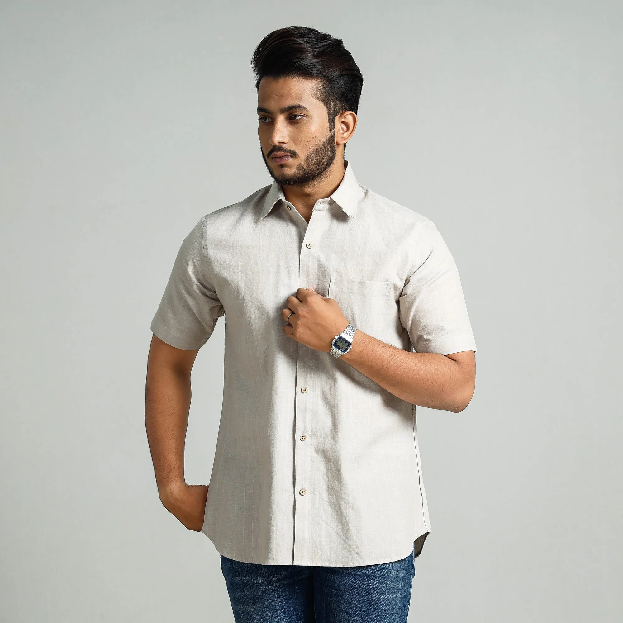 Off White - Plain Handloom Cotton Men Half Sleeve Shirt sold by Itokri product image thumbnail 2