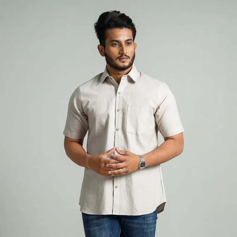 Off White - Plain Handloom Cotton Men Half Sleeve Shirt made by Itokri