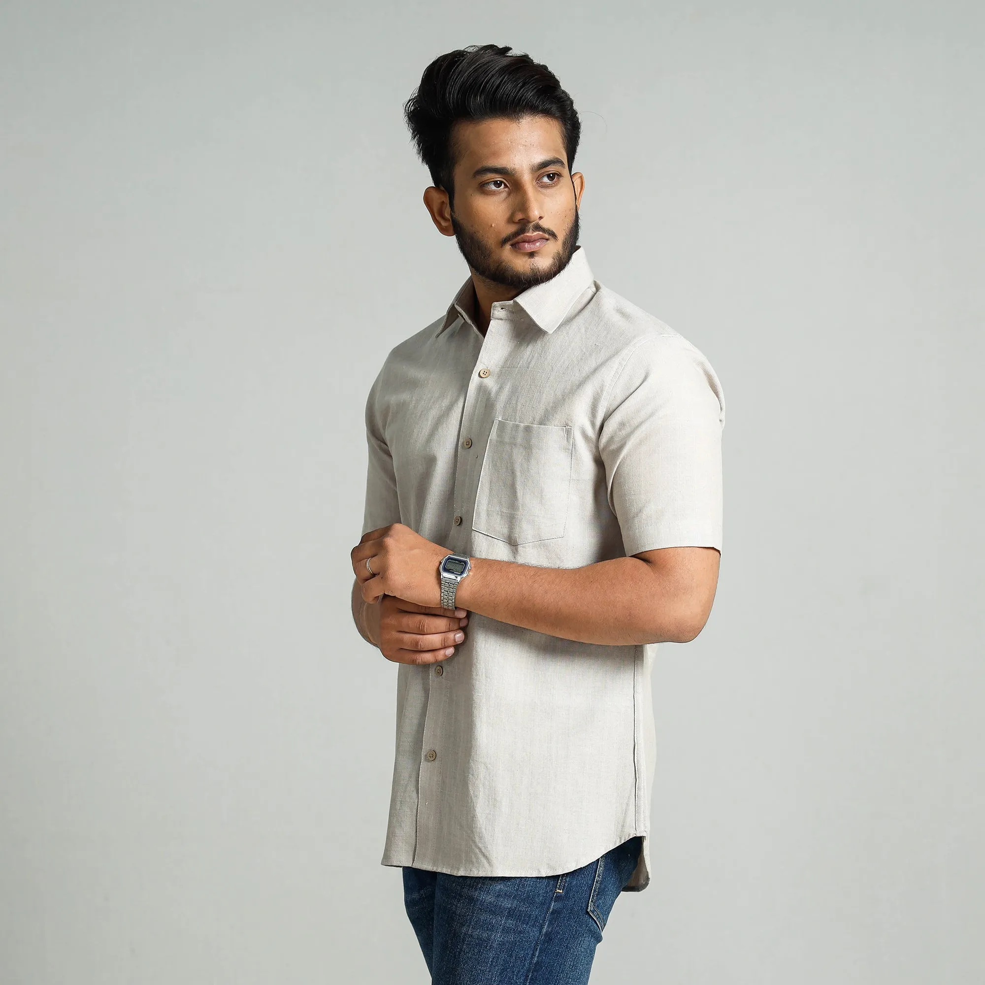 Off White - Plain Handloom Cotton Men Half Sleeve Shirt sold by Itokri product image thumbnail 4