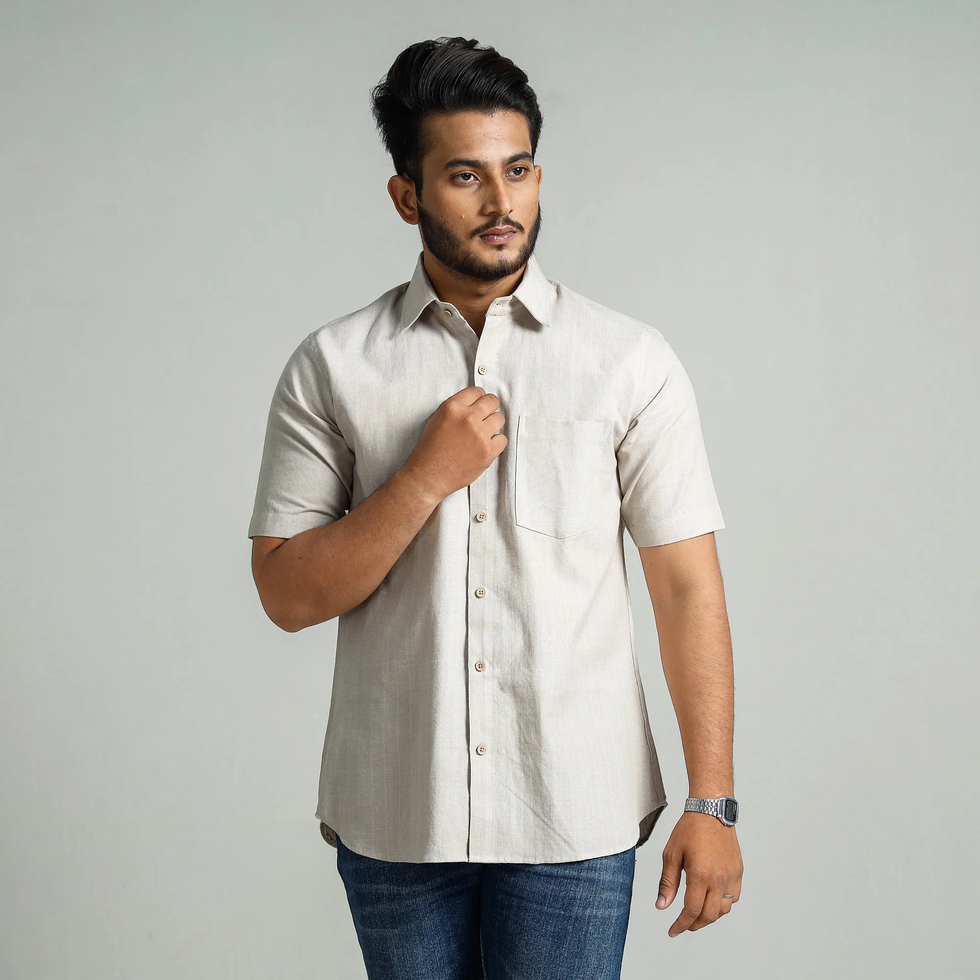 Off White - Plain Handloom Cotton Men Half Sleeve Shirt sold by Itokri product image thumbnail 3