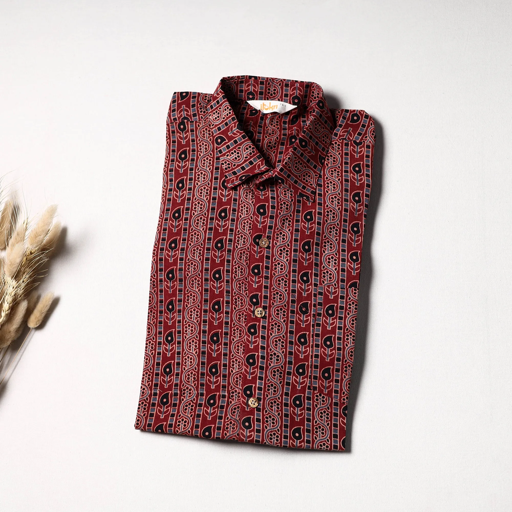 Maroon - Natural Dyed Hand Block Print Cotton Men Half Sleeve Ajrakh Shirt 12 sold by Itokri product image thumbnail 3