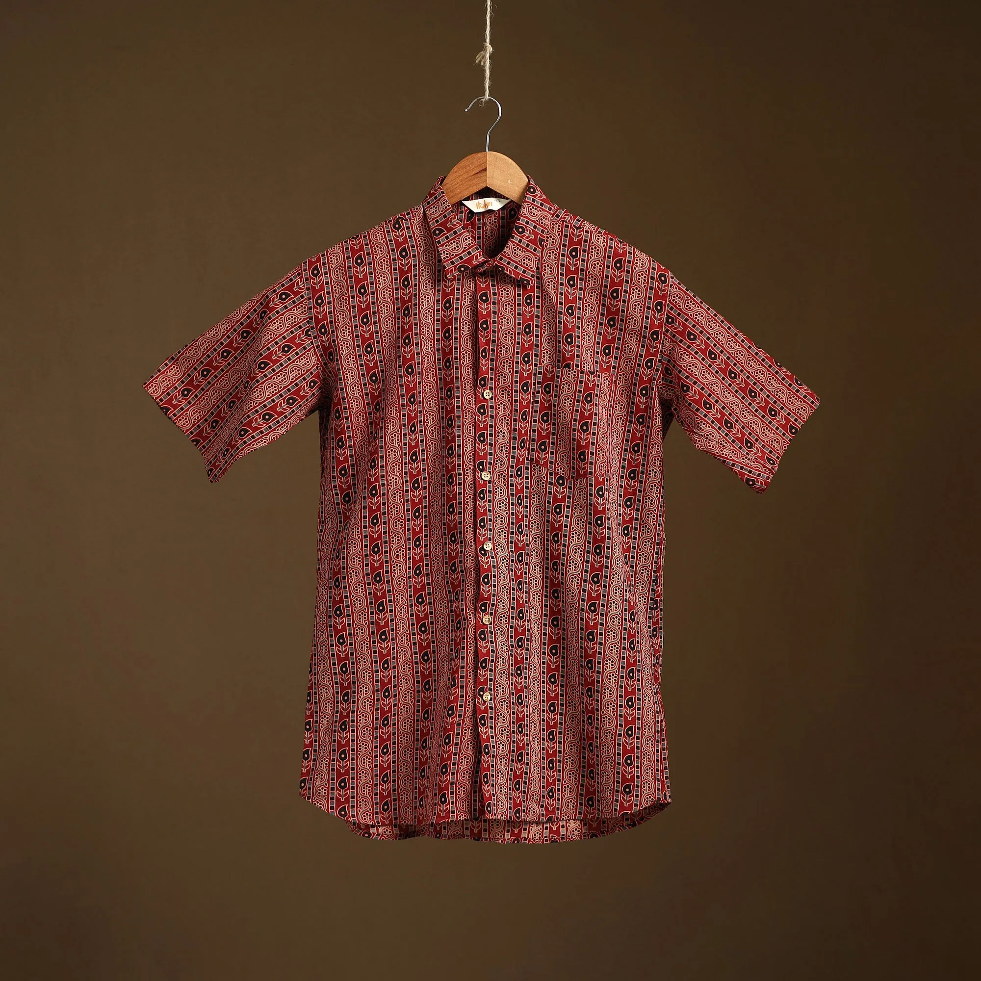 Maroon - Natural Dyed Hand Block Print Cotton Men Half Sleeve Ajrakh Shirt 12 sold by Itokri