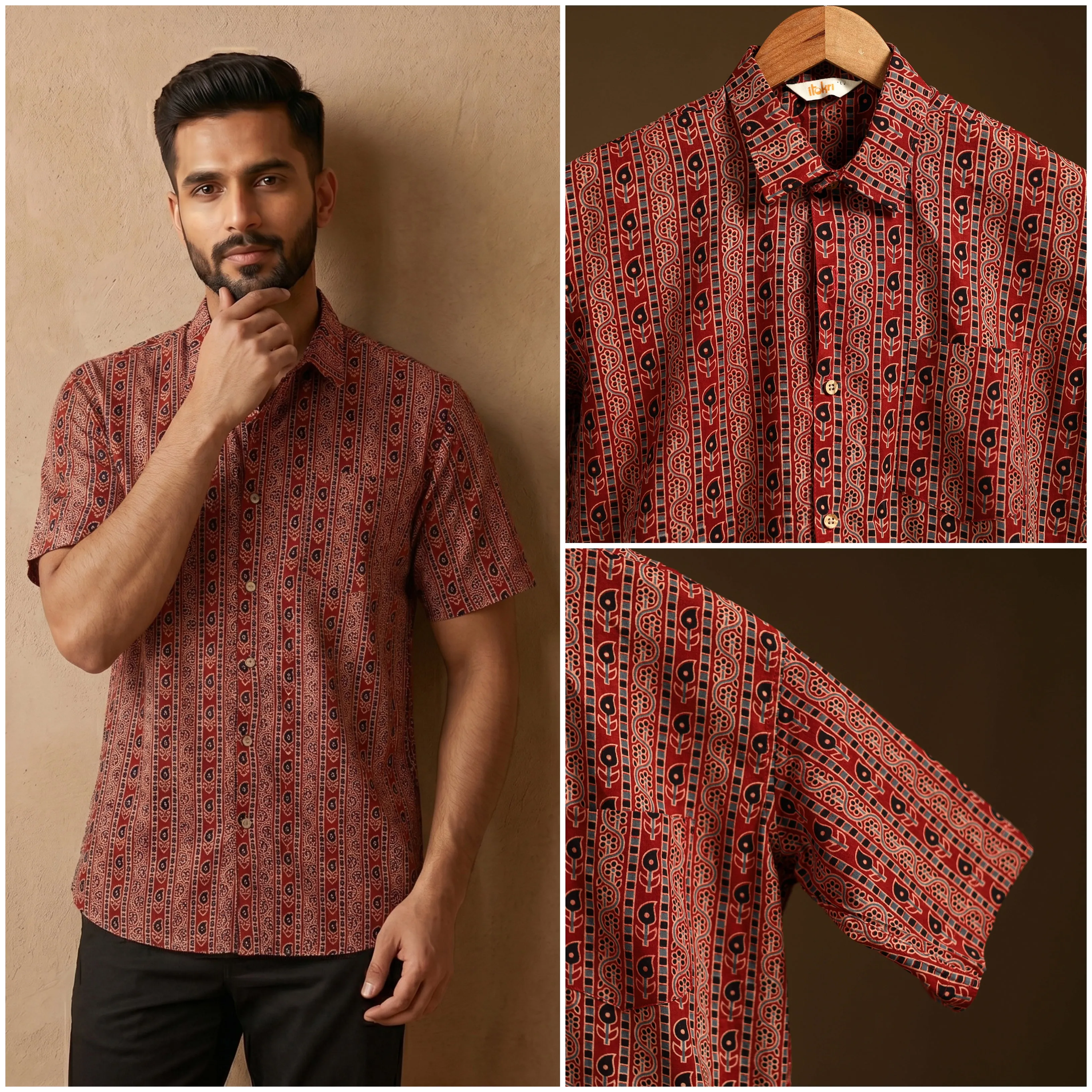 Maroon - Natural Dyed Hand Block Print Cotton Men Half Sleeve Ajrakh Shirt 12 sold by Itokri product image thumbnail 2