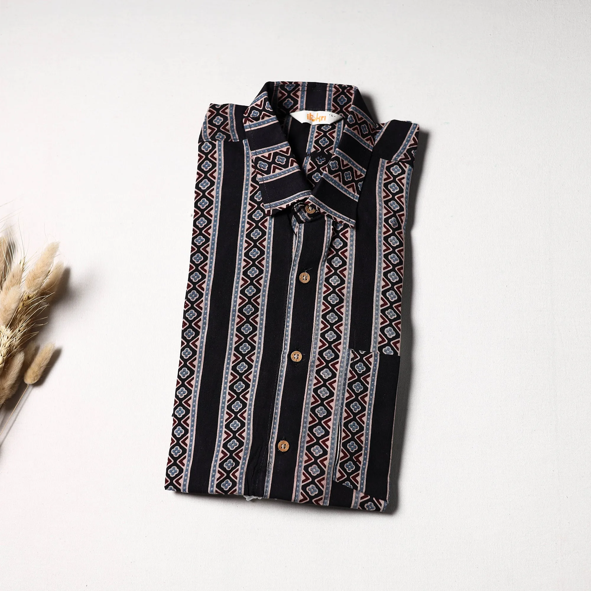 Black - Natural Dyed Hand Block Print Cotton Men Half Sleeve Ajrakh Shirt 10 sold by Itokri product image thumbnail 3