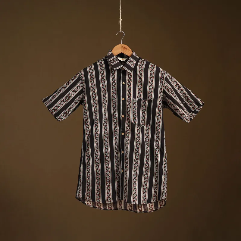 Black - Natural Dyed Hand Block Print Cotton Men Half Sleeve Ajrakh Shirt 10 made by Itokri