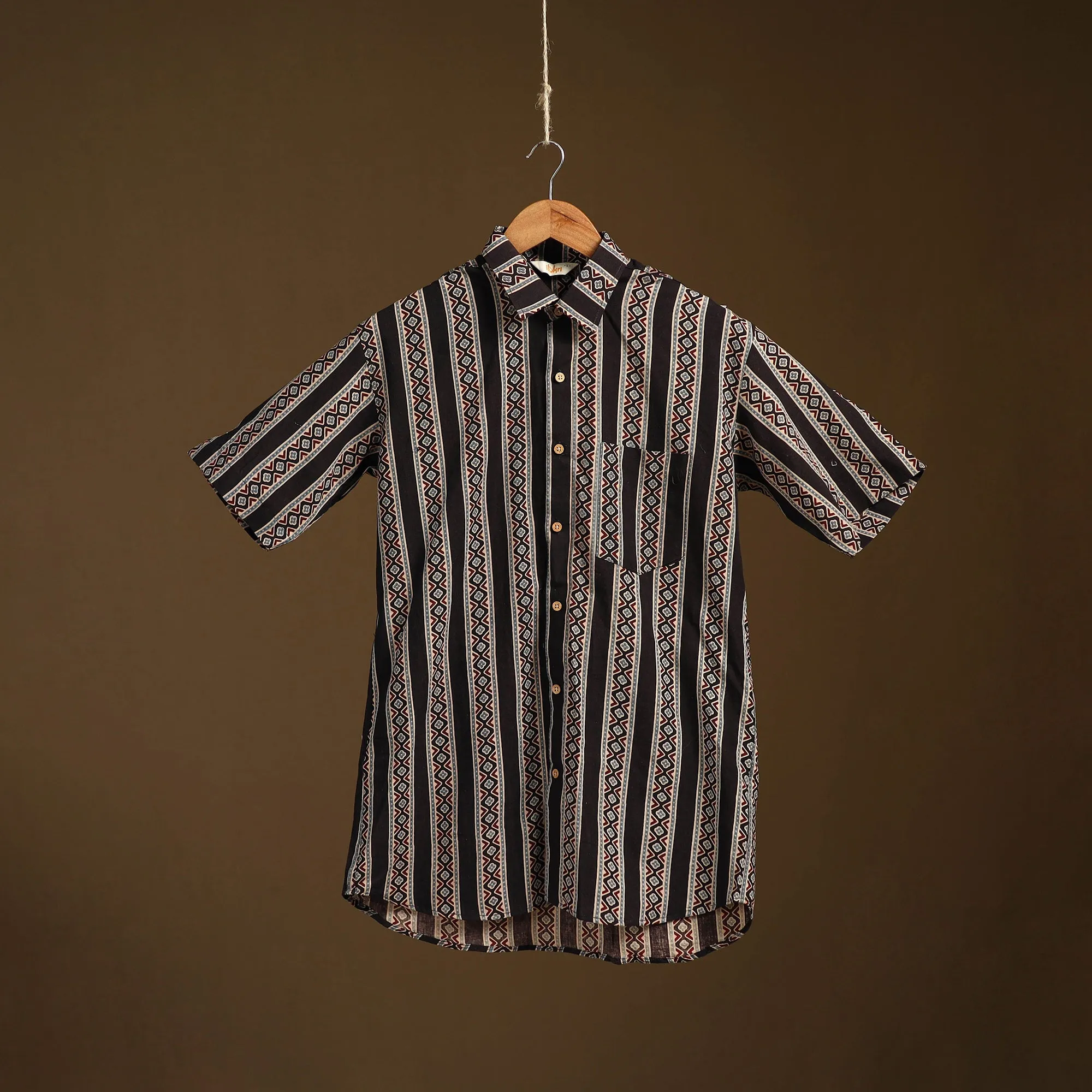 Black - Natural Dyed Hand Block Print Cotton Men Half Sleeve Ajrakh Shirt 10 sold by Itokri
