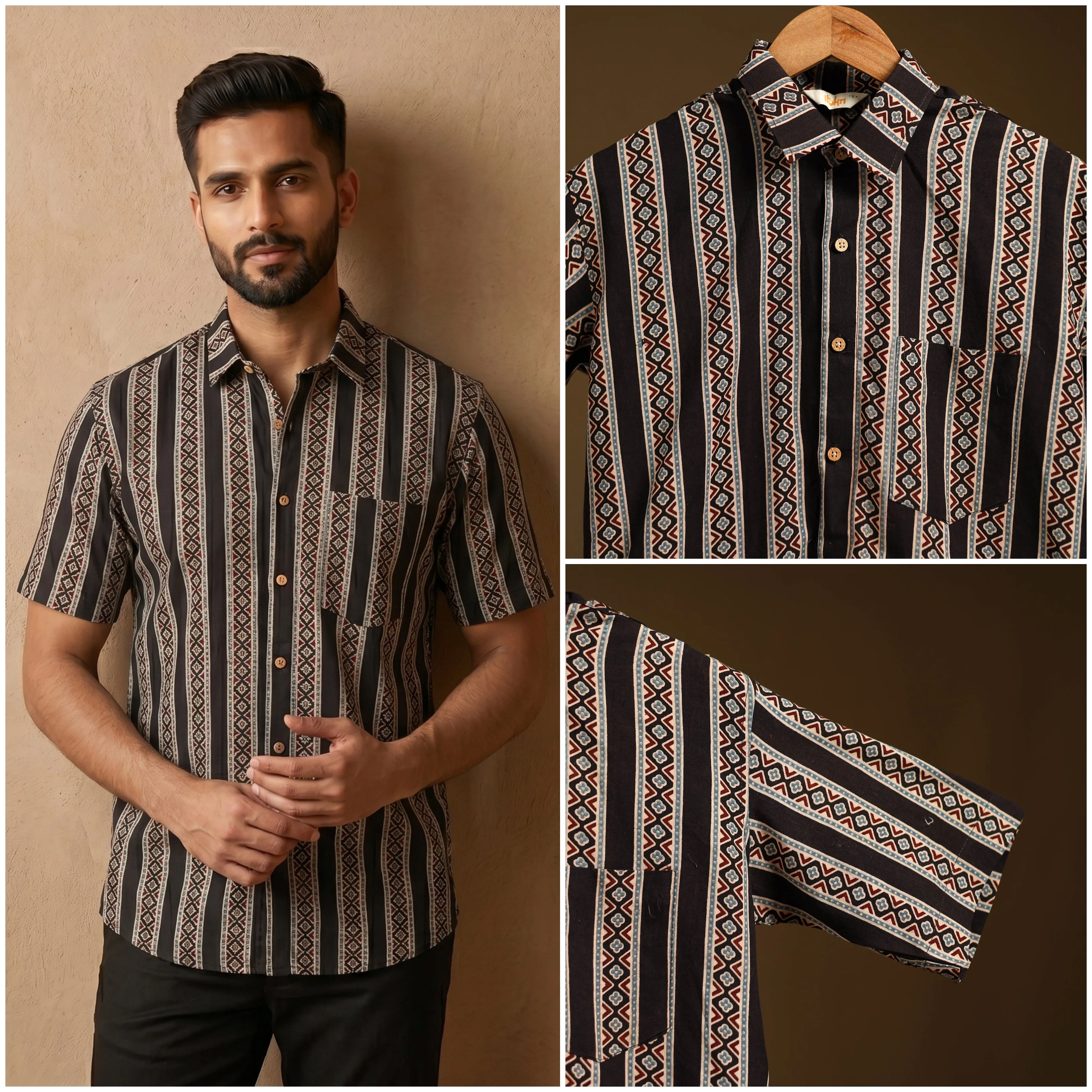Black - Natural Dyed Hand Block Print Cotton Men Half Sleeve Ajrakh Shirt 10 sold by Itokri product image thumbnail 2