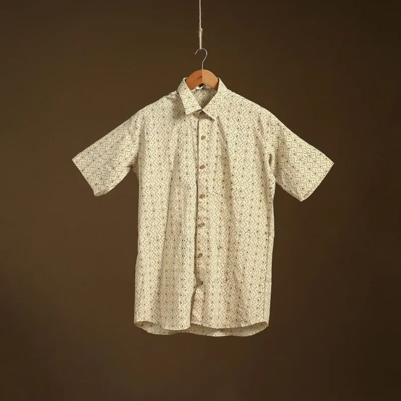 Beige - Natural Dyed Hand Block Print Cotton Men Half Sleeve Ajrakh Shirt 05 made by Itokri