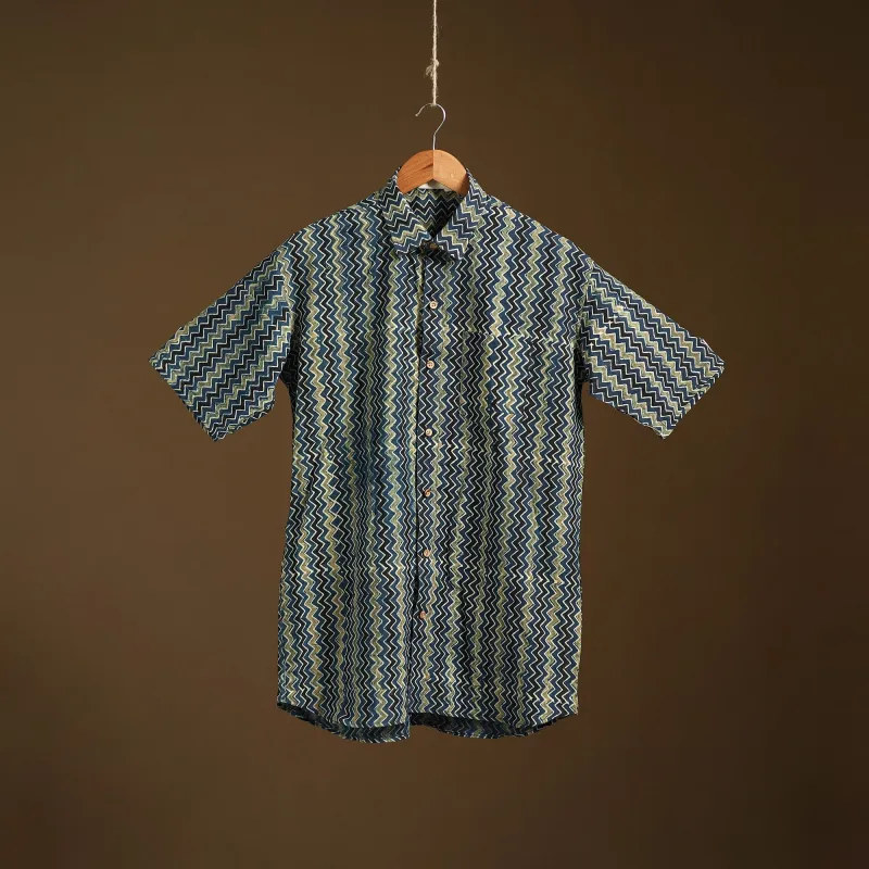 Blue - Natural Dyed Hand Block Print Cotton Men Half Sleeve Ajrakh Shirt 03 made by Itokri