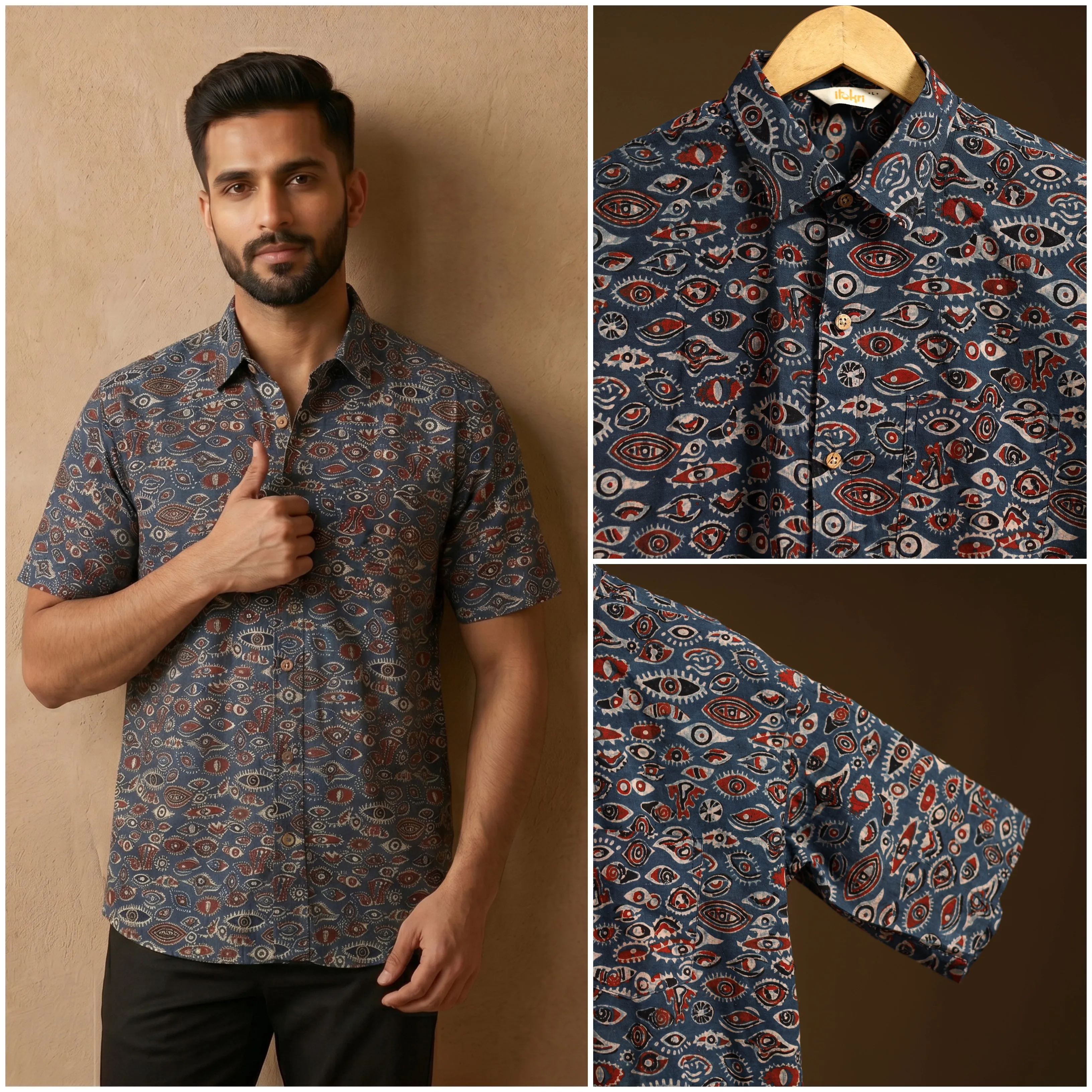 Blue - Natural Dyed Hand Block Print Cotton Men Half Sleeve Ajrakh Shirt 02 sold by Itokri product image thumbnail 2