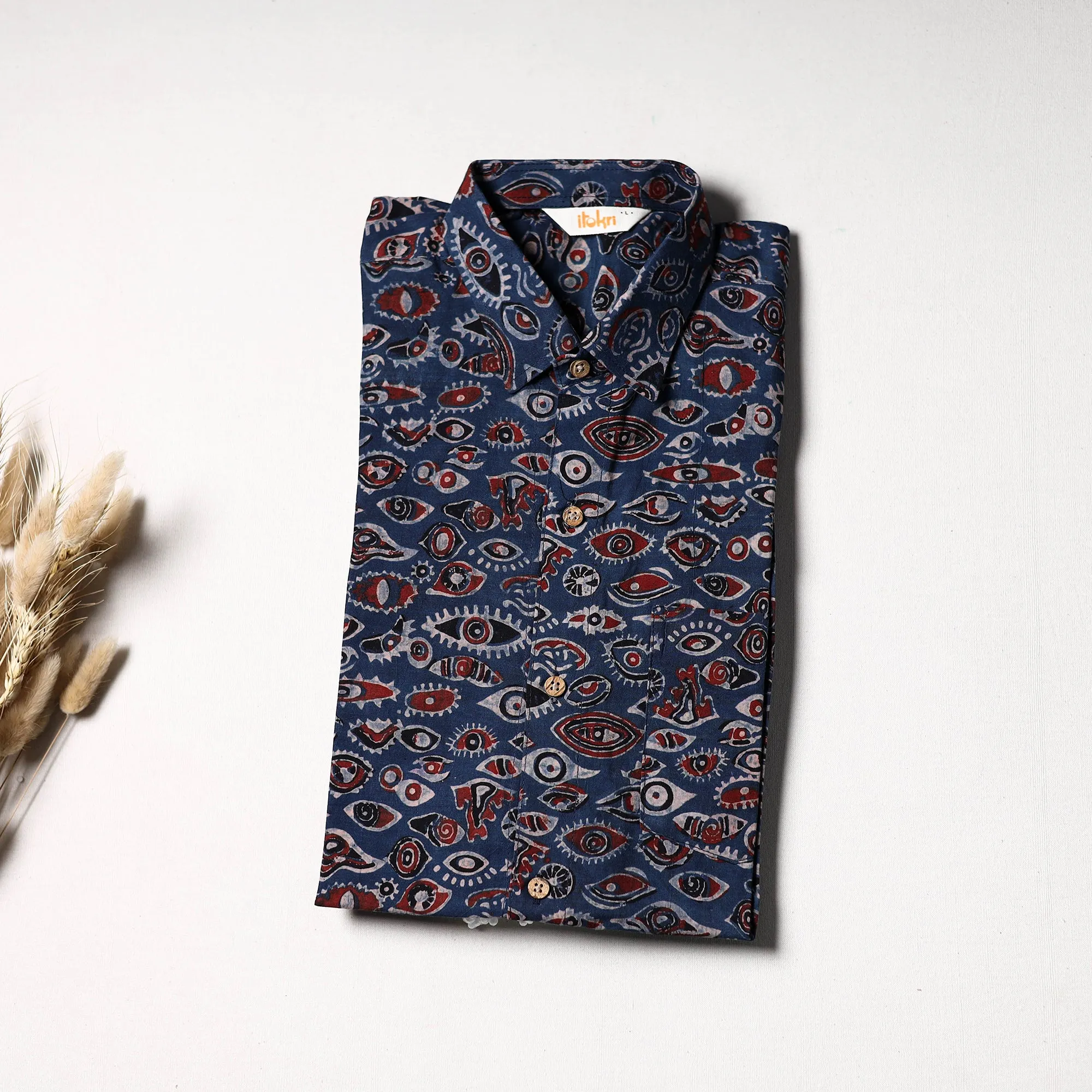 Blue - Natural Dyed Hand Block Print Cotton Men Half Sleeve Ajrakh Shirt 02 sold by Itokri product image thumbnail 3
