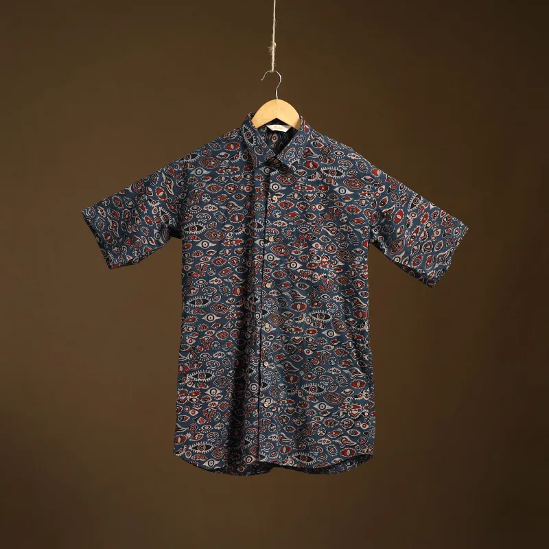 Blue - Natural Dyed Hand Block Print Cotton Men Half Sleeve Ajrakh Shirt 02 made by Itokri